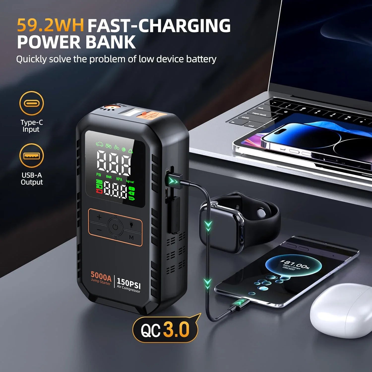 4-IN-1 Car Jump Starter with Air Compressor Peak 5000A Auto Battery Boos 150PSI Air Pump Portable Power Bank Tire Inflator