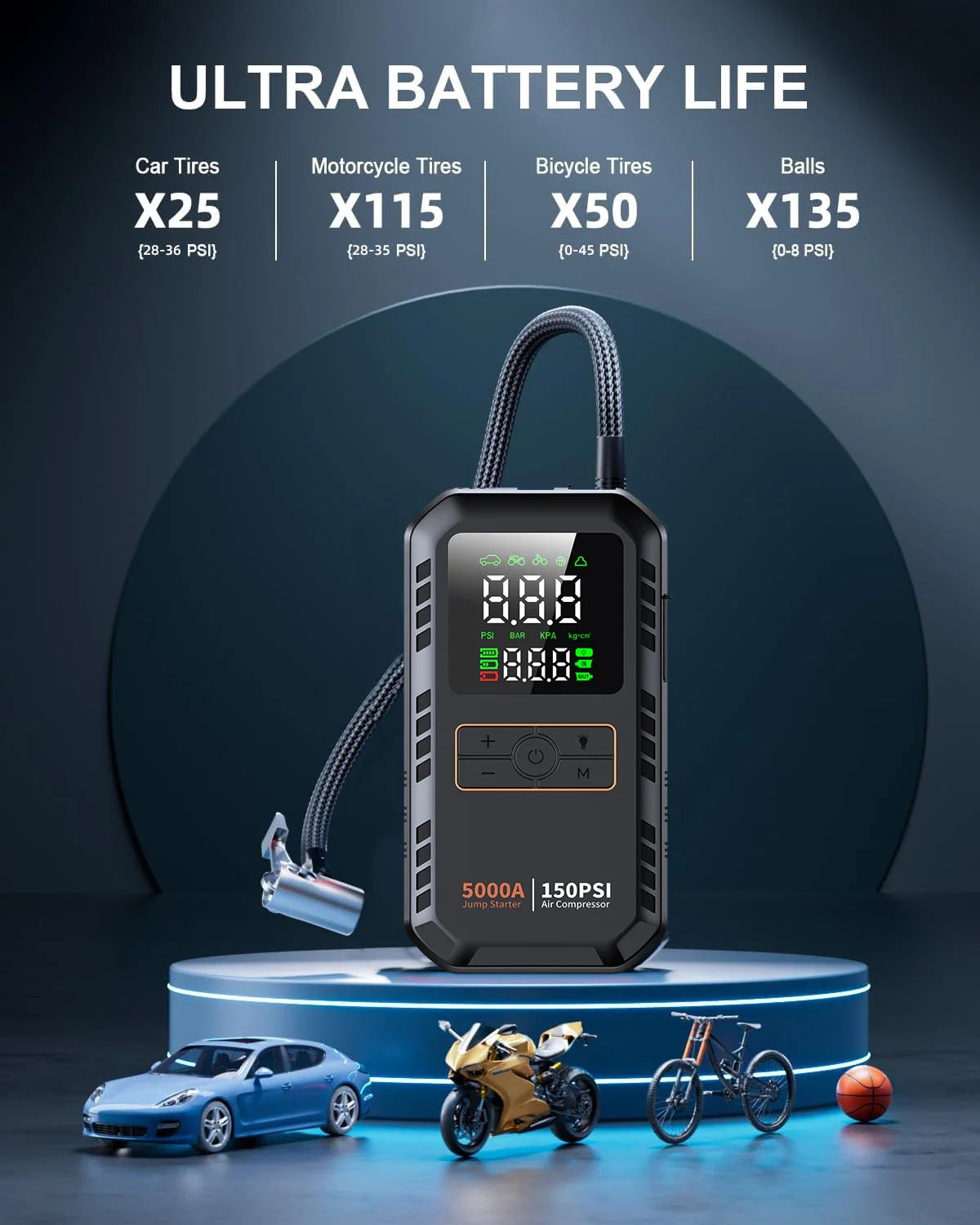 4-IN-1 Car Jump Starter with Air Compressor Peak 5000A Auto Battery Boos 150PSI Air Pump Portable Power Bank Tire Inflator