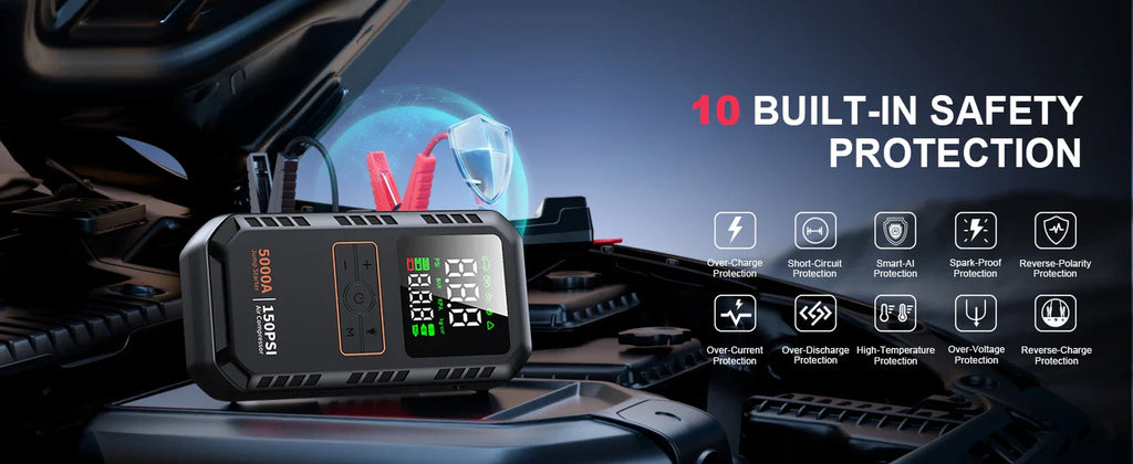 4-IN-1 Car Jump Starter with Air Compressor Peak 5000A Auto Battery Boos 150PSI Air Pump Portable Power Bank Tire Inflator