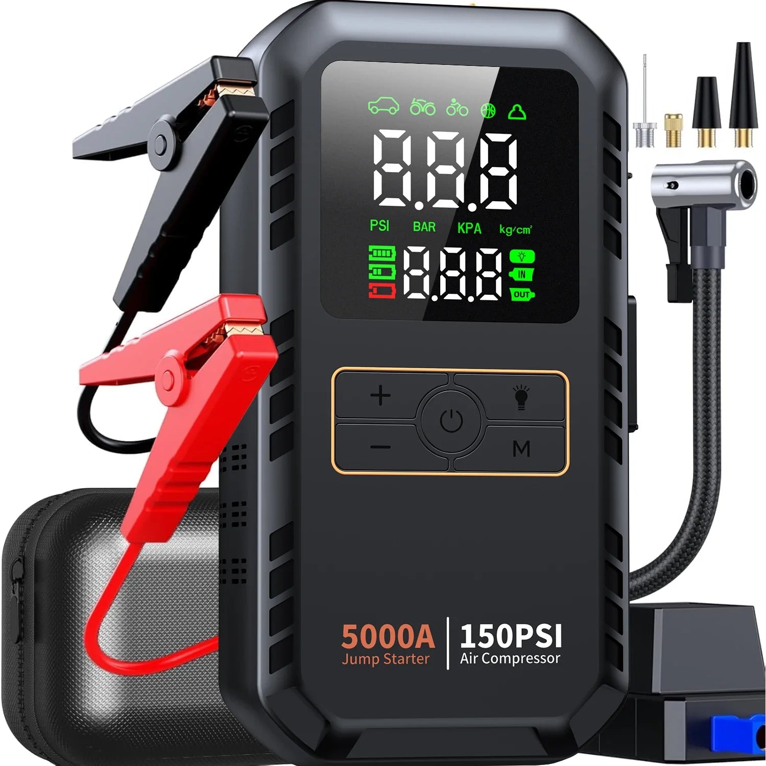 4-IN-1 Car Jump Starter with Air Compressor Peak 5000A Auto Battery Boos 150PSI Air Pump Portable Power Bank Tire Inflator