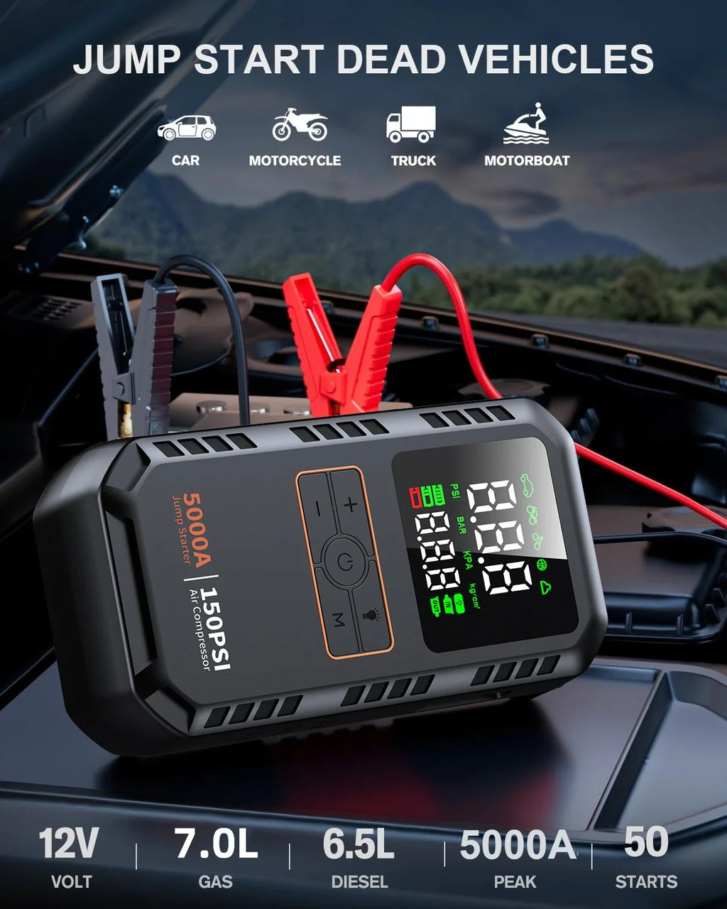 4-IN-1 Car Jump Starter with Air Compressor Peak 5000A Auto Battery Boos 150PSI Air Pump Portable Power Bank Tire Inflator