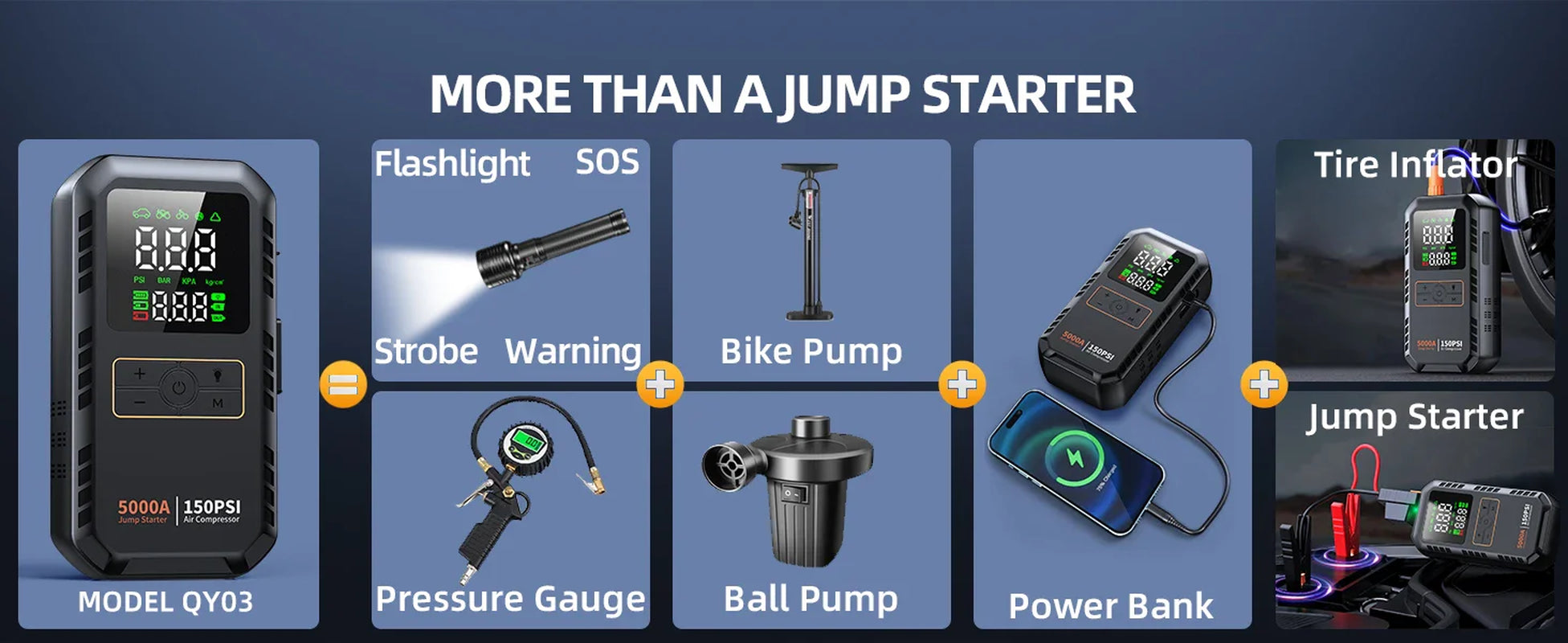 4-IN-1 Car Jump Starter with Air Compressor Peak 5000A Auto Battery Boos 150PSI Air Pump Portable Power Bank Tire Inflator