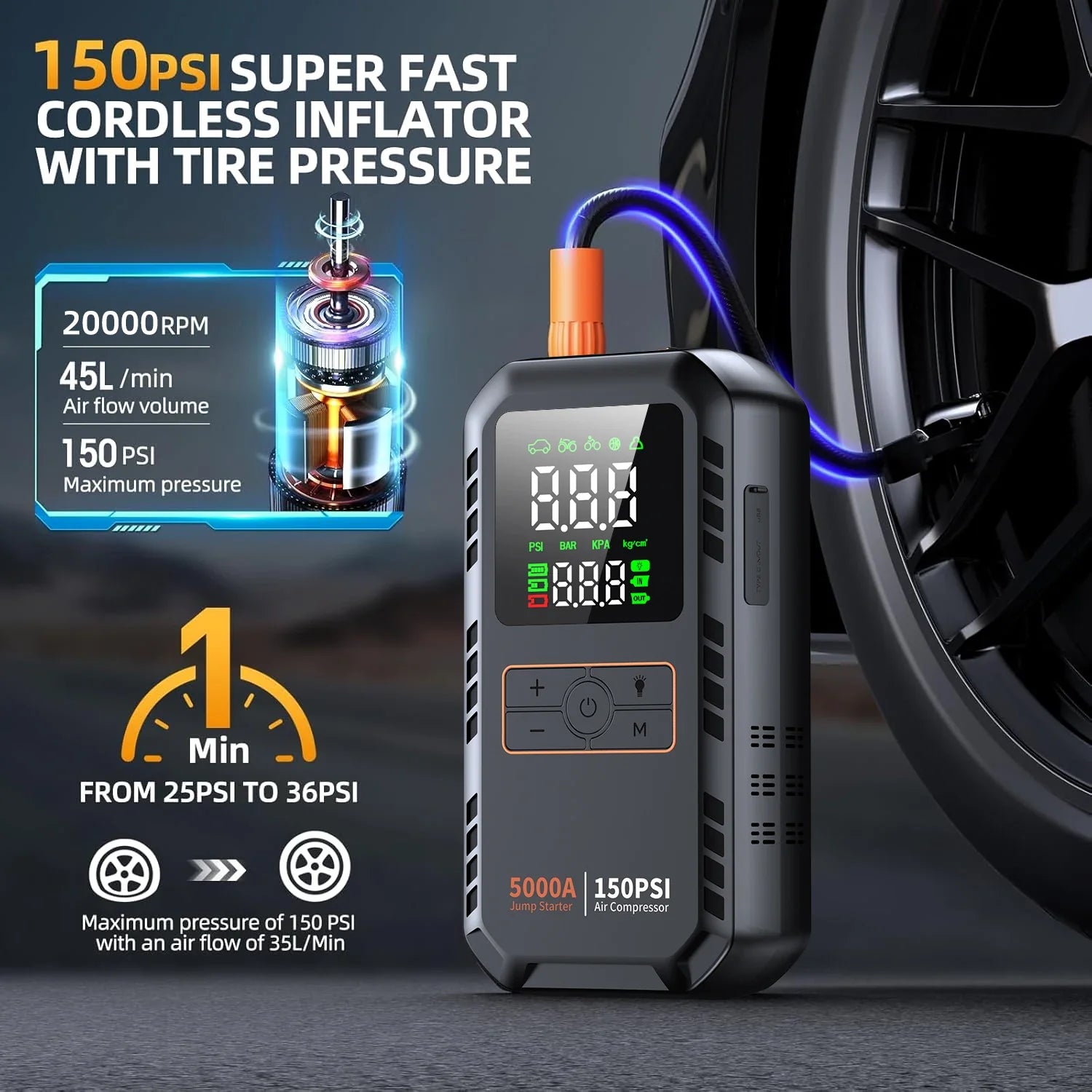 4-IN-1 Car Jump Starter with Air Compressor Peak 5000A Auto Battery Boos 150PSI Air Pump Portable Power Bank Tire Inflator