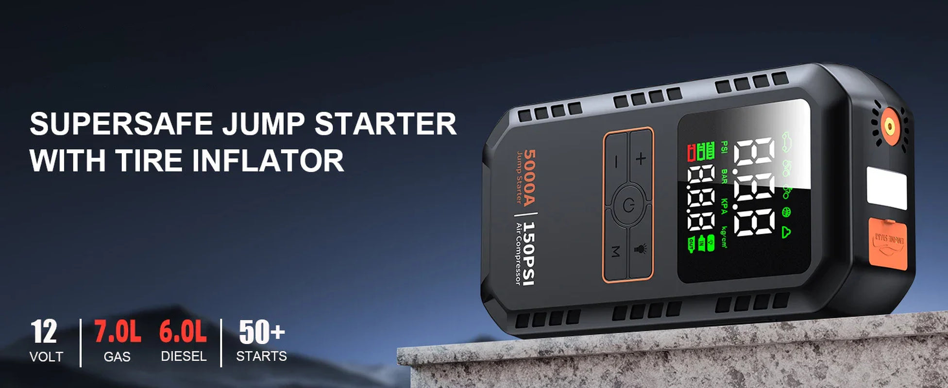 4-IN-1 Car Jump Starter with Air Compressor Peak 5000A Auto Battery Boos 150PSI Air Pump Portable Power Bank Tire Inflator